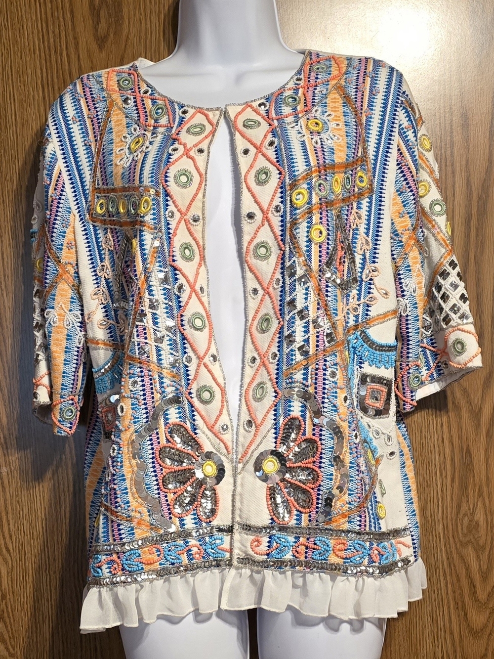 Embroidered Multicolor Short Sleeve Blazer Jacket - Women